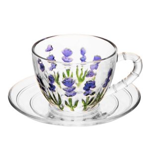 Xícara Com Pires de Vidro 220ml Lavanda Hand Painting - Lyor