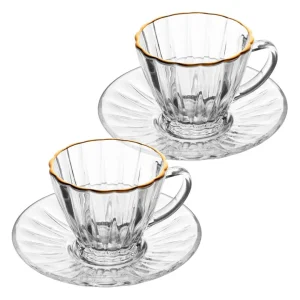 Conjunto de 2 Xícaras em Cristal Radial com Pires 70ml Filete Dourado - Lyor